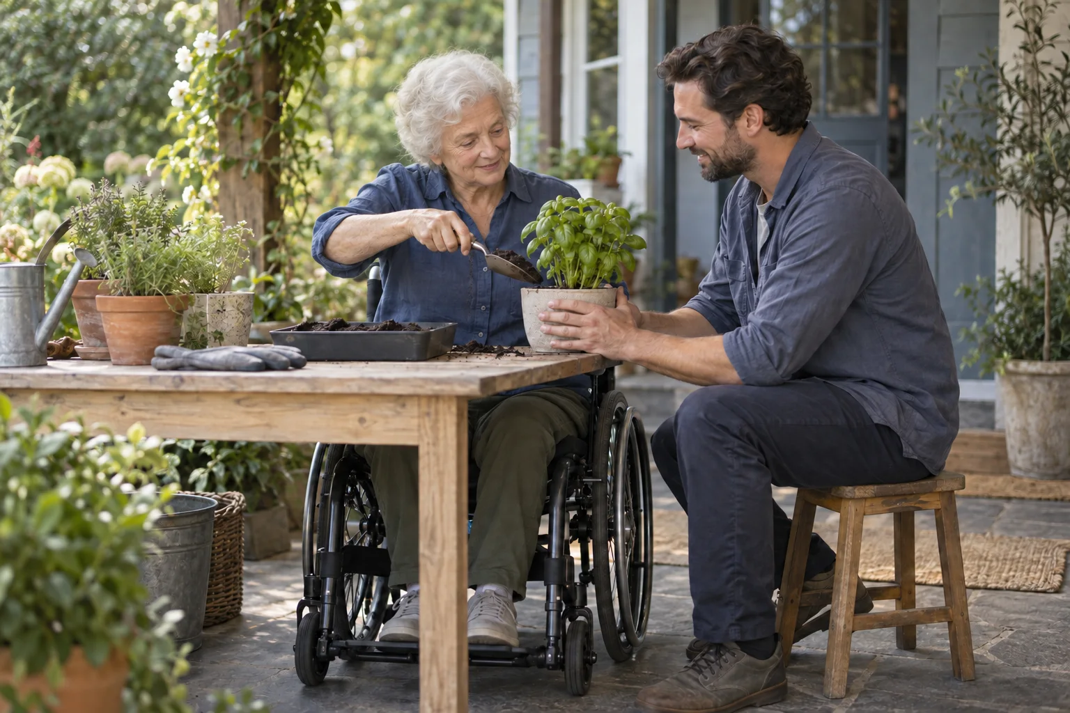 AI illustration of Rose in a wheelchair adding soil to a basil pot while a helper steadies it.