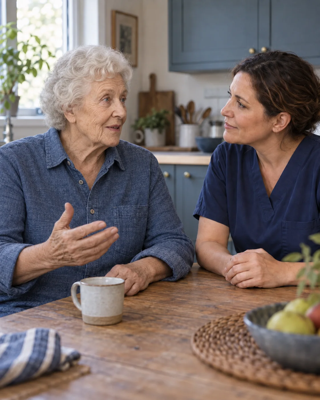 AI illustration of Rose talking with a care professional who listens at her kitchen table.