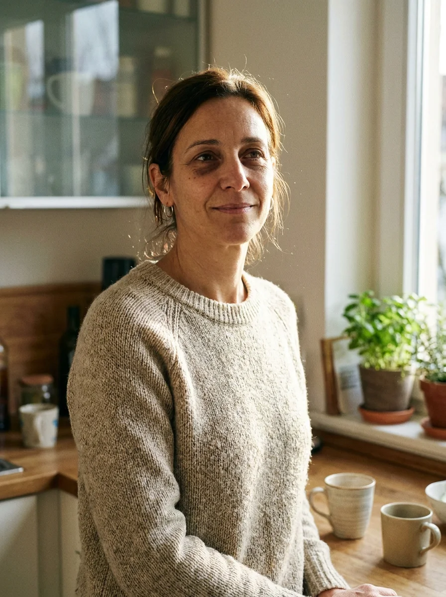 Illustrative portrait of Diane in a sunlit kitchen.