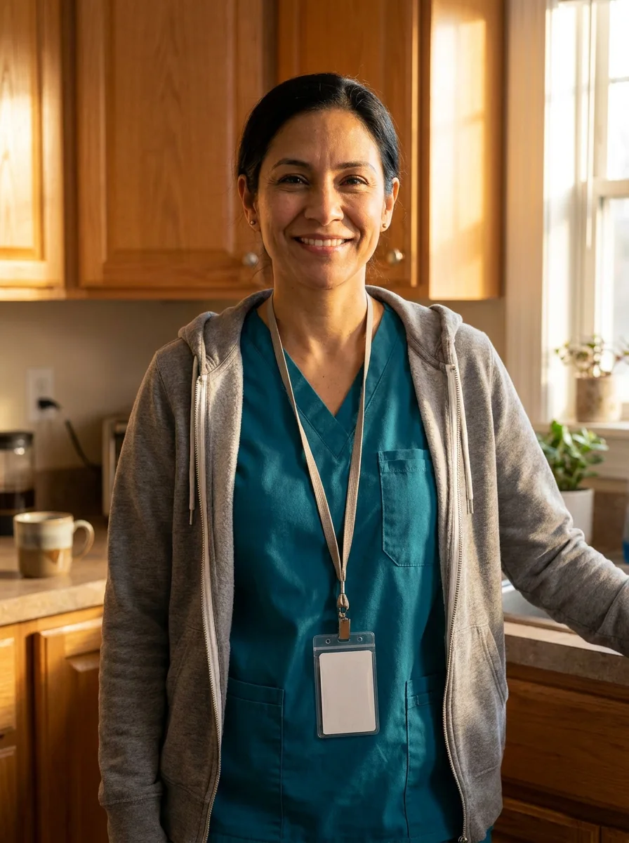Illustrative portrait of Maya, a care professional, in a home kitchen.
